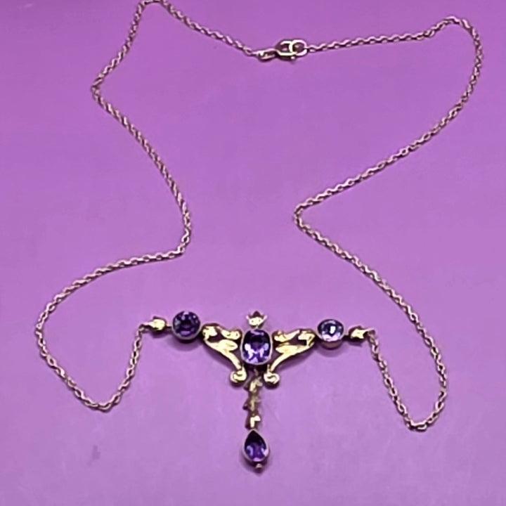 14K Gold & Amethyst Antique Art Nouveau Dangle Necklace