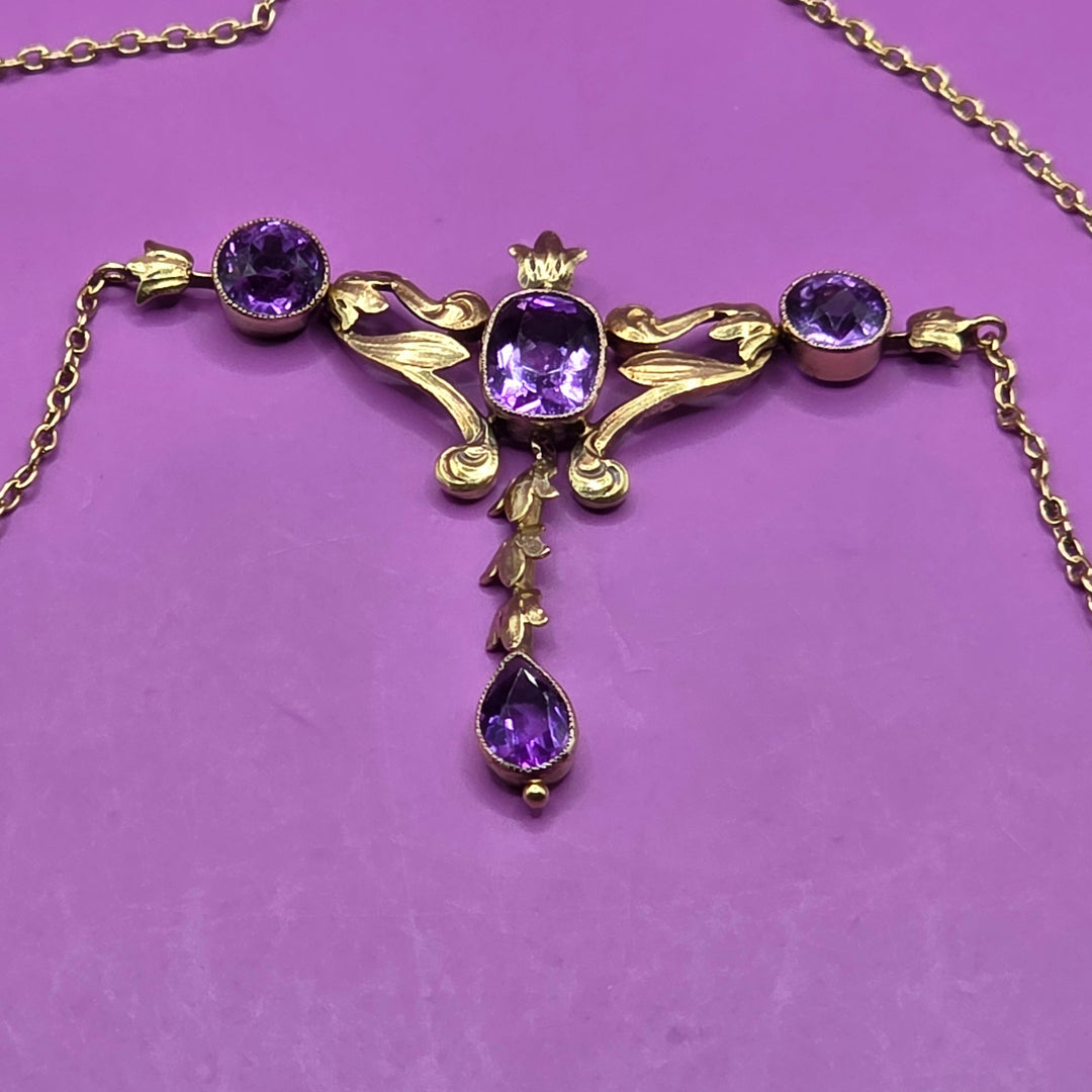 14K Gold & Amethyst Antique Art Nouveau Dangle Necklace
