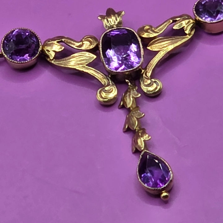 14K Gold & Amethyst Antique Art Nouveau Dangle Necklace
