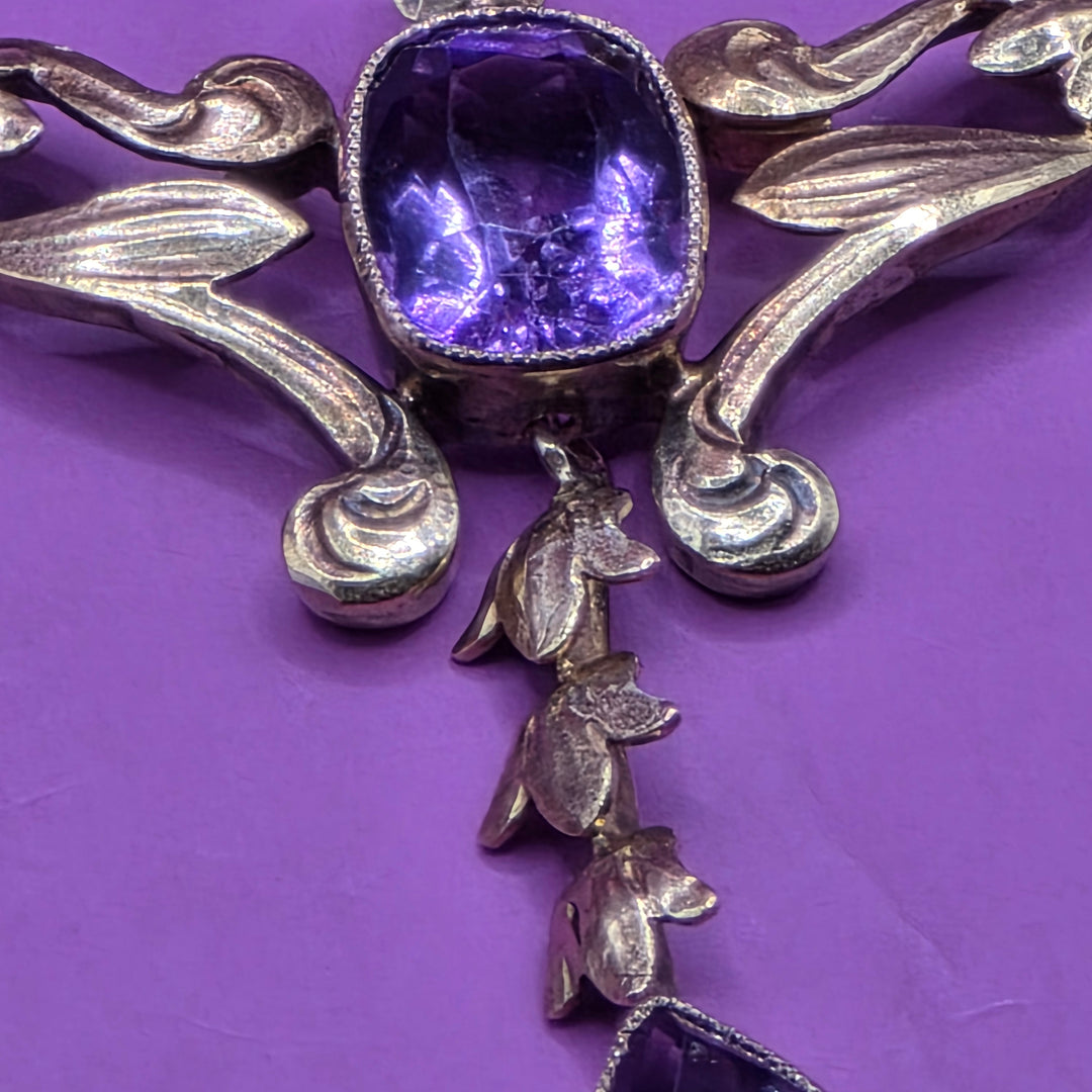 14K Gold & Amethyst Antique Art Nouveau Dangle Necklace