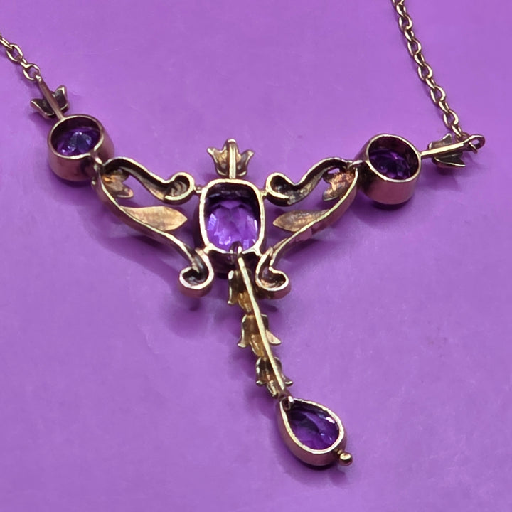 14K Gold & Amethyst Antique Art Nouveau Dangle Necklace