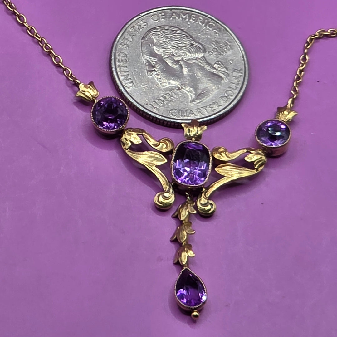14K Gold & Amethyst Antique Art Nouveau Dangle Necklace