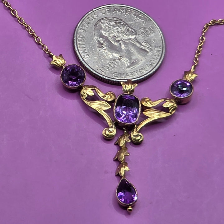 14K Gold & Amethyst Antique Art Nouveau Dangle Necklace