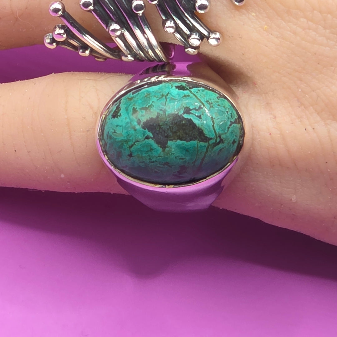 Sterling Silver Oval Cabochon Spiderweb Matrix Turquoise Ring