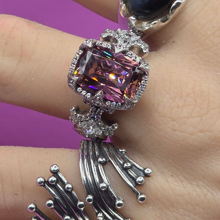 Elaborate Sterling Silver & Pink CZ Statement Ring