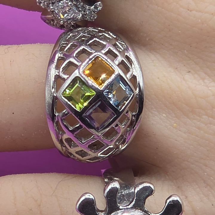 Sterling Silver Geometric Lattice, Multi-Gem Statement Ring