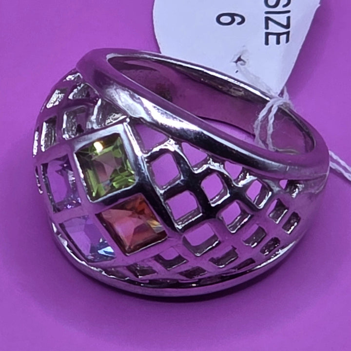 Sterling Silver Geometric Lattice, Multi-Gem Statement Ring