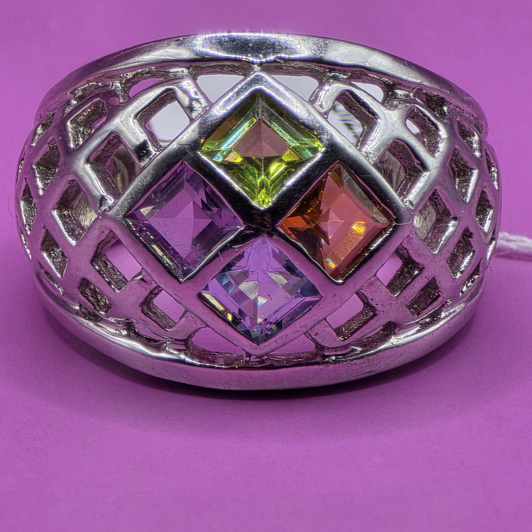 Sterling Silver Geometric Lattice, Multi-Gem Statement Ring