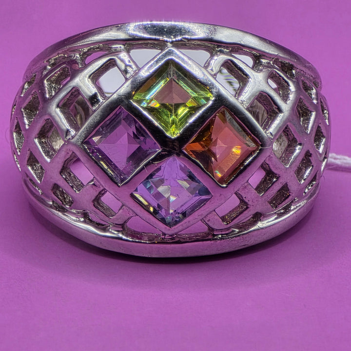 Sterling Silver Geometric Lattice, Multi-Gem Statement Ring
