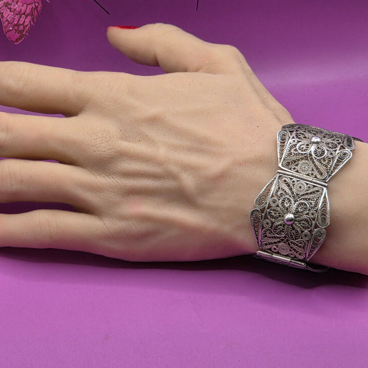 Sterling Silver Wide Filigree Panel Cuff Bracelet