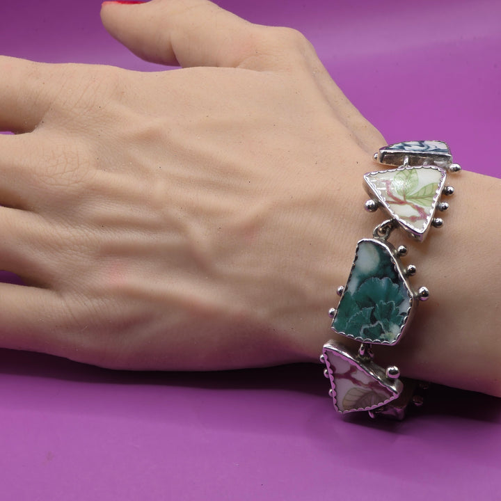 Sterling Silver Broken China Upcycled Statement Bracelet