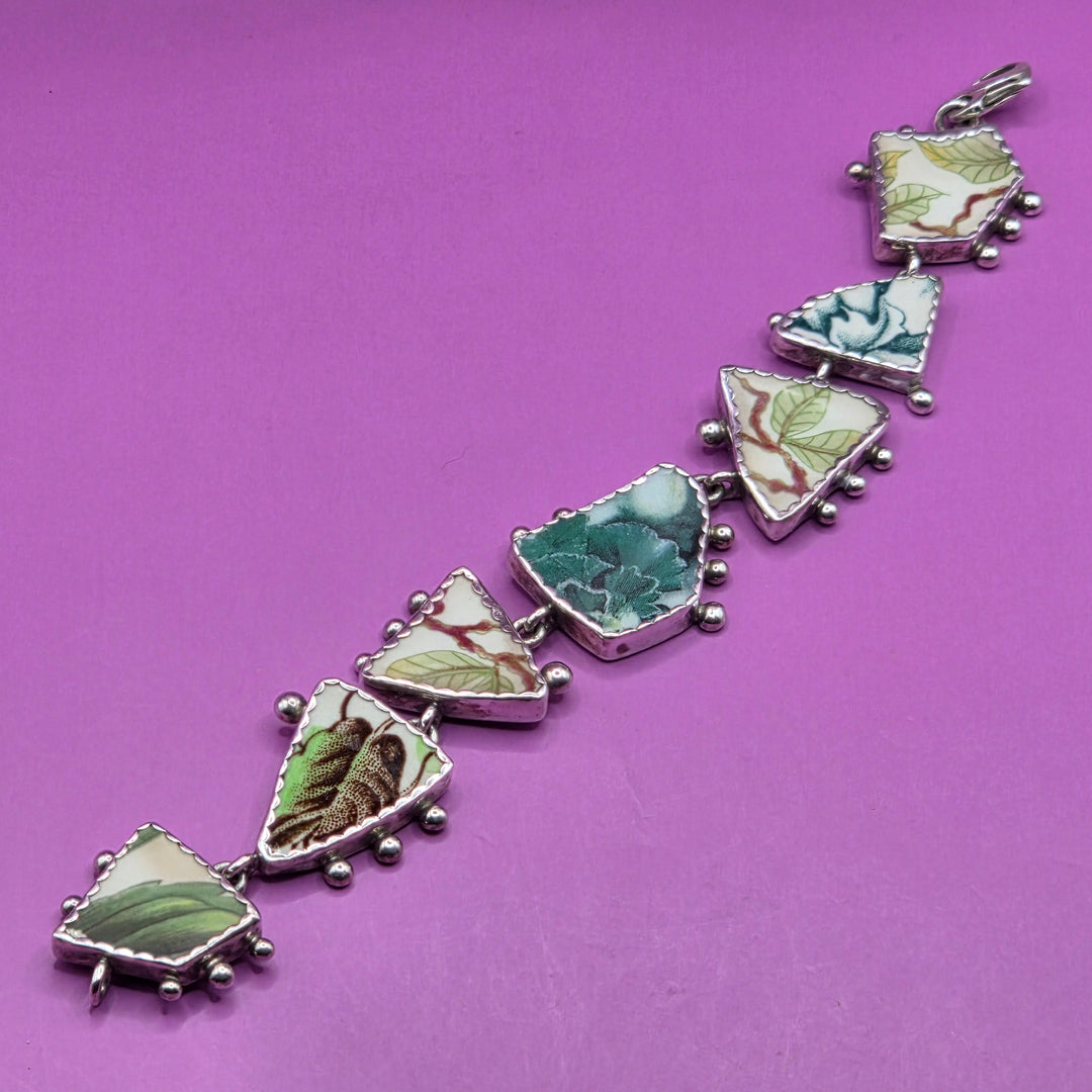 Sterling Silver Broken China Upcycled Statement Bracelet