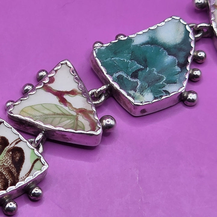 Sterling Silver Broken China Upcycled Statement Bracelet