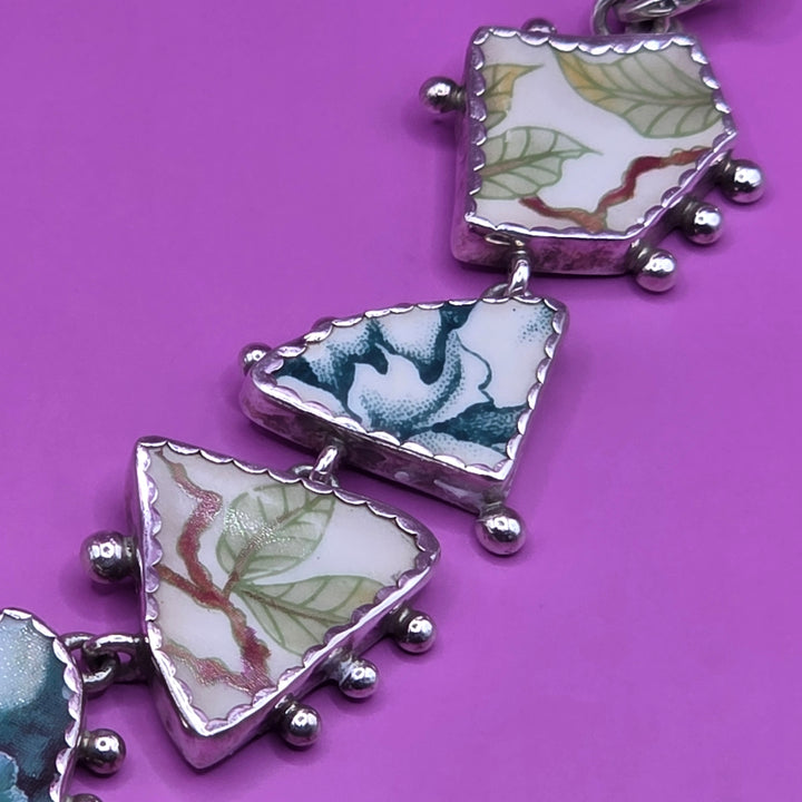 Sterling Silver Broken China Upcycled Statement Bracelet