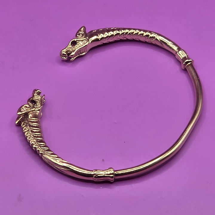 10K Gold & Garnet Double Dragon Head Bangle Bracelet