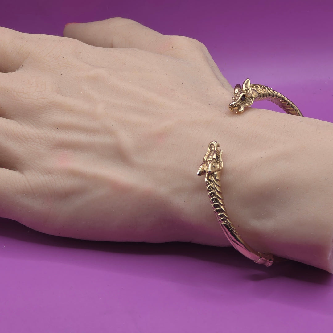 10K Gold & Garnet Double Dragon Head Bangle Bracelet