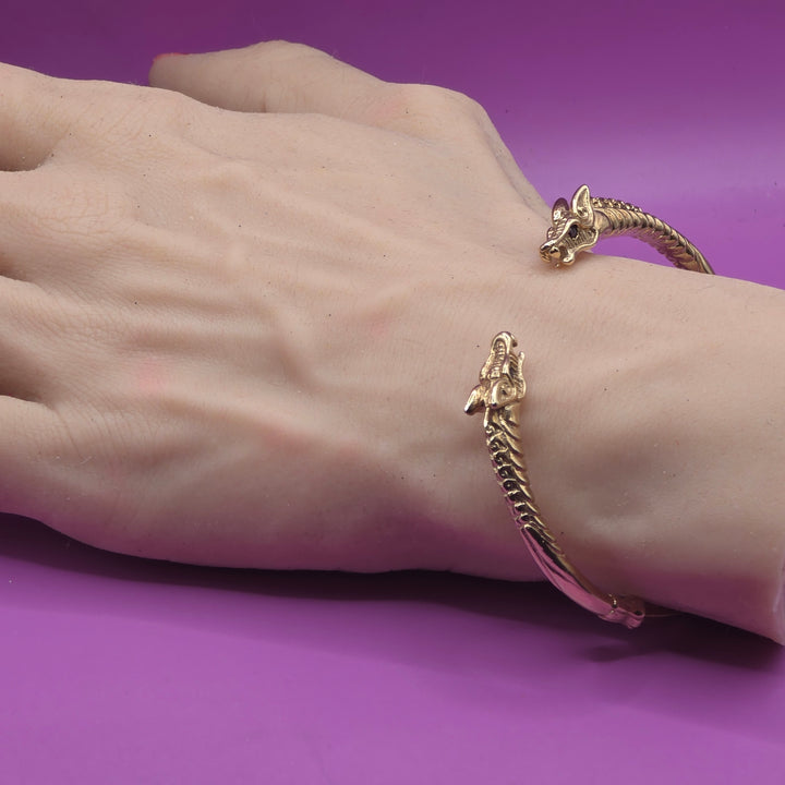 10K Gold & Garnet Double Dragon Head Bangle Bracelet