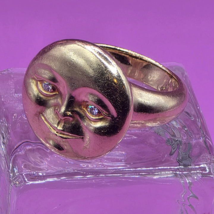 Authentic Lent 18K Gold & Diamond Smiling Moon Face Ring