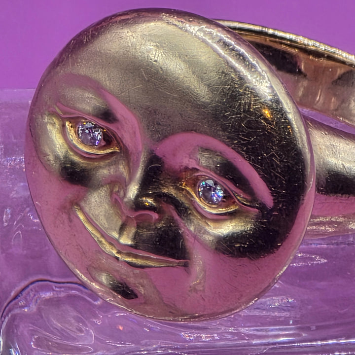 Authentic Lent 18K Gold & Diamond Smiling Moon Face Ring