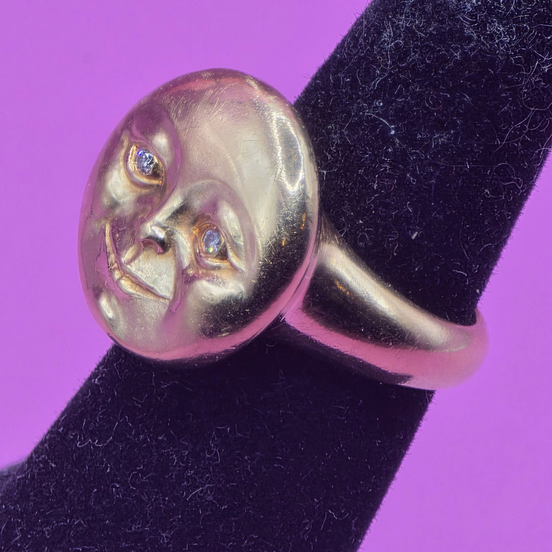 Authentic Lent 18K Gold & Diamond Smiling Moon Face Ring