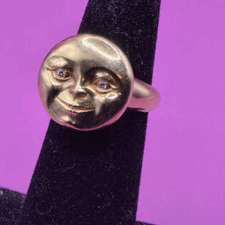 Authentic Lent 18K Gold & Diamond Smiling Moon Face Ring