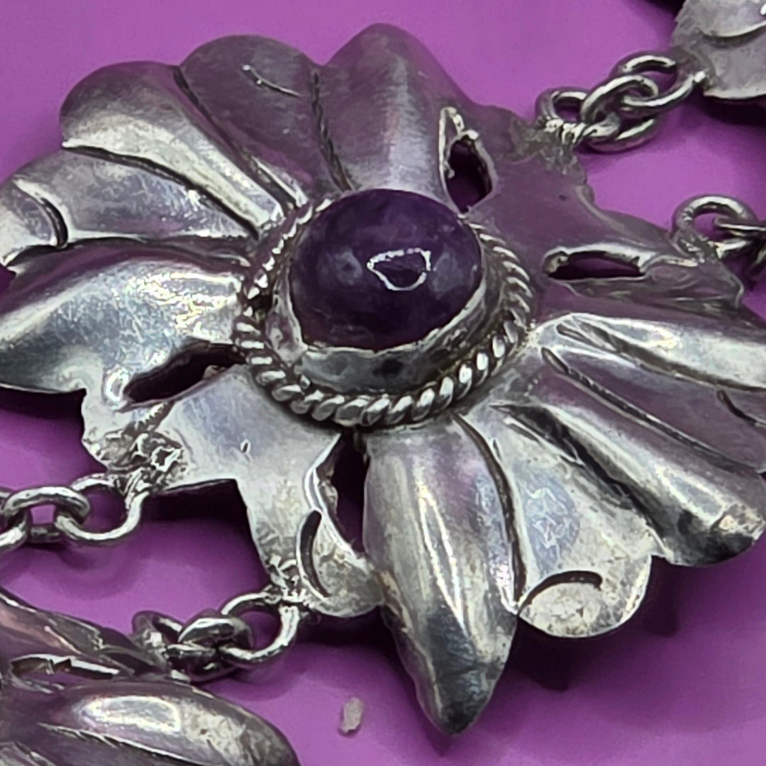 Mid-Century Modern Taxco Sterling Silver Cabochon Amethyst Statement Bracelet