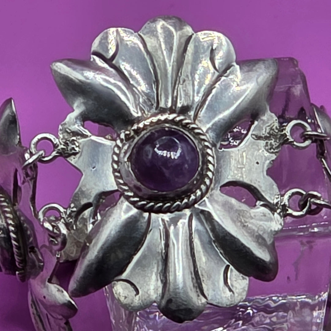Mid-Century Modern Taxco Sterling Silver Cabochon Amethyst Statement Bracelet