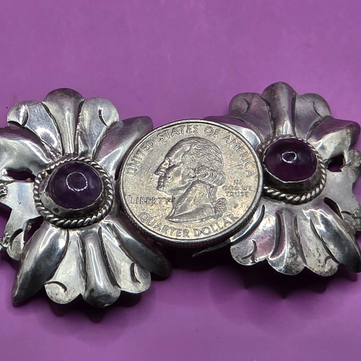 Mid-Century Modern Taxco Sterling Silver Cabochon Amethyst Statement Bracelet