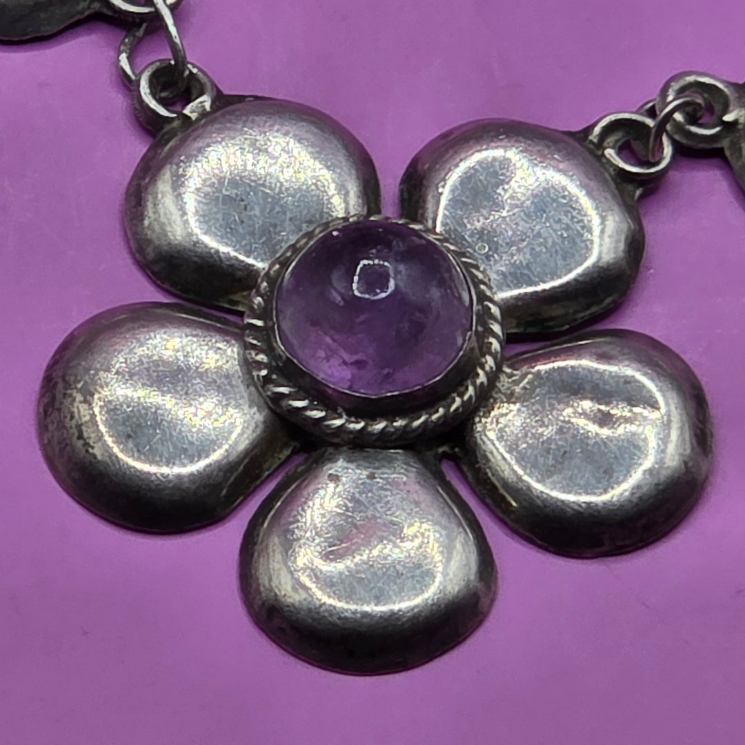 Mid-Century Modern Taxco Sterling Silver Cabochon Amethyst Flower Necklace