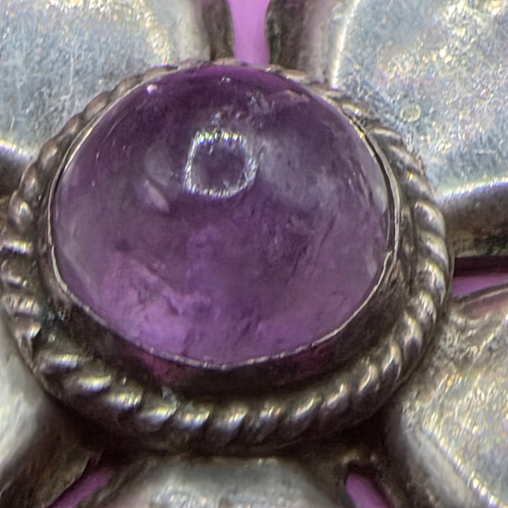 Mid-Century Modern Taxco Sterling Silver Cabochon Amethyst Flower Necklace