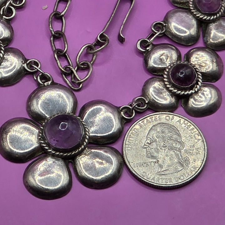 Mid-Century Modern Taxco Sterling Silver Cabochon Amethyst Flower Necklace