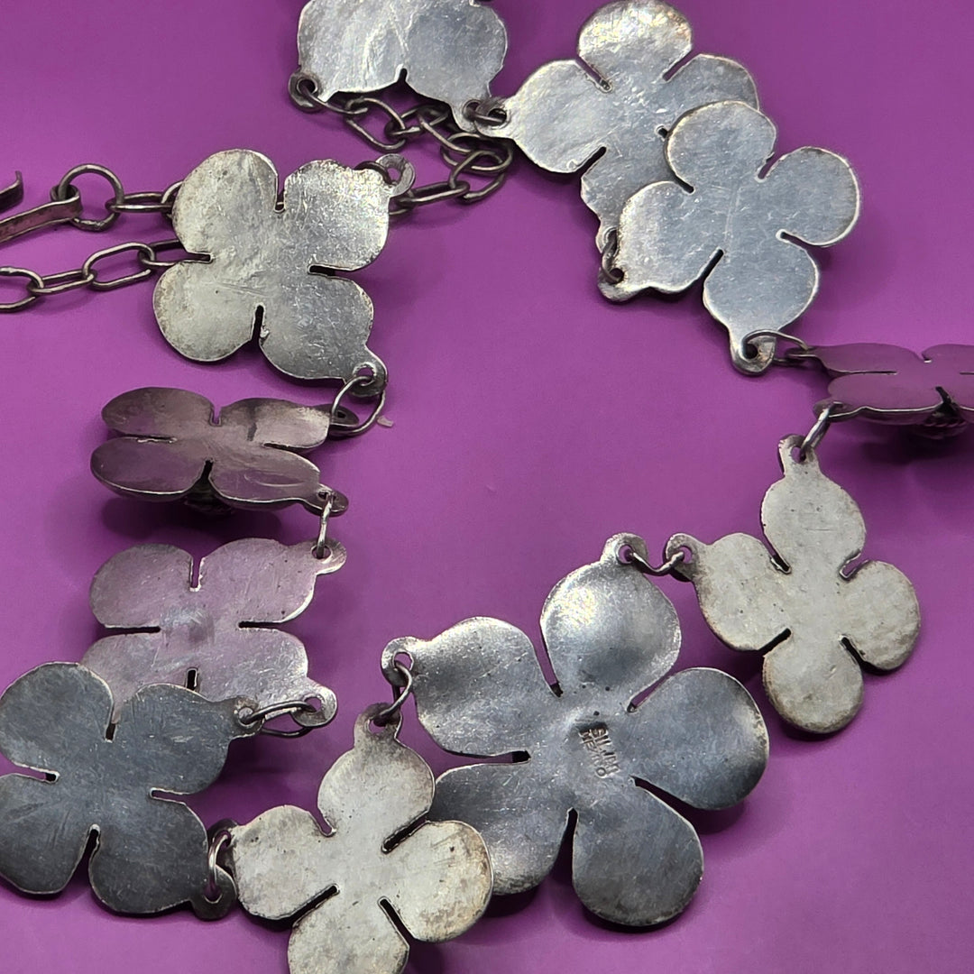 Mid-Century Modern Taxco Sterling Silver Cabochon Amethyst Flower Necklace