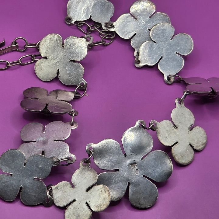 Mid-Century Modern Taxco Sterling Silver Cabochon Amethyst Flower Necklace