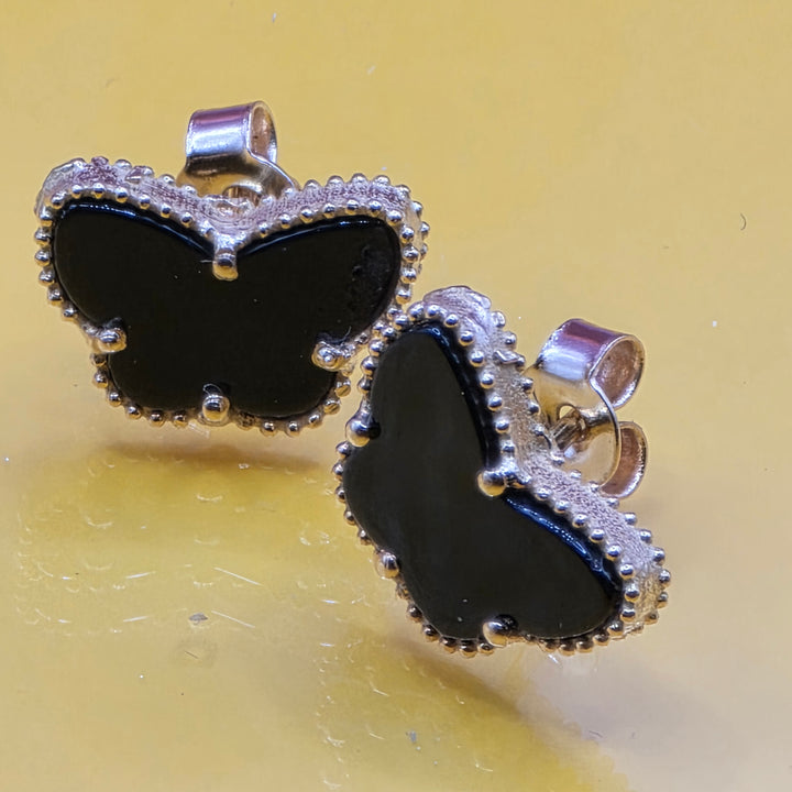 18K Gold & Black Tourmaline Butterfly Stud Earrings