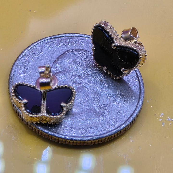 18K Gold & Black Tourmaline Butterfly Stud Earrings