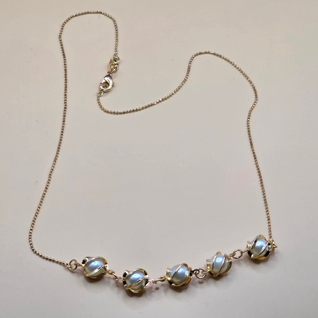 10K Gold & Caged Pearl Elegant Ball Chain Necklace
