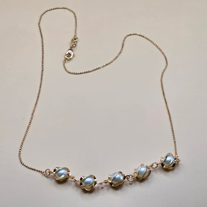 10K Gold & Caged Pearl Elegant Ball Chain Necklace