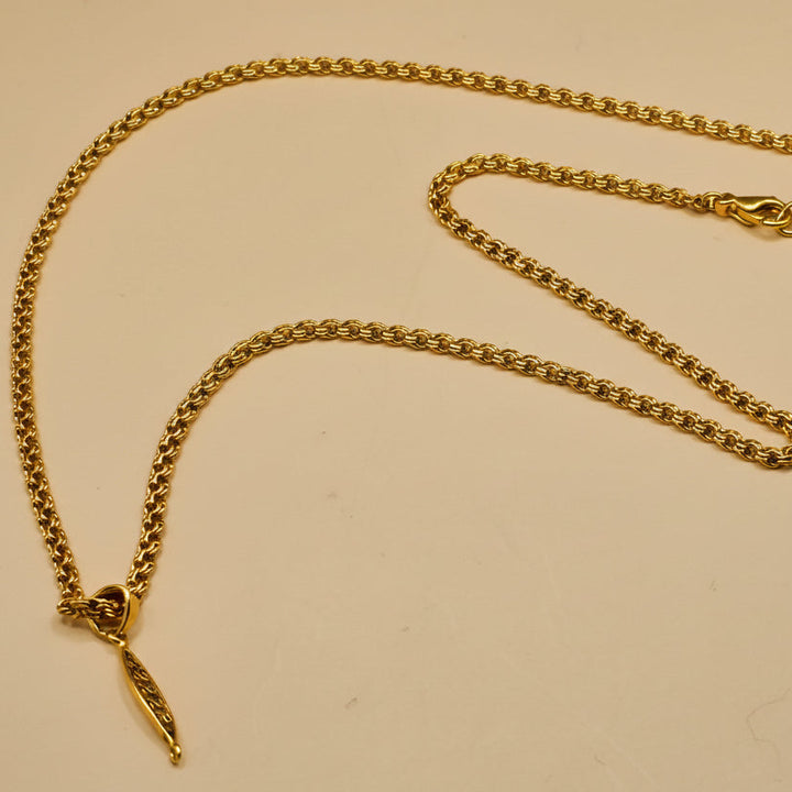 14K Gold Double Loop Necklace w Infinity Hearts Filigree Pendant