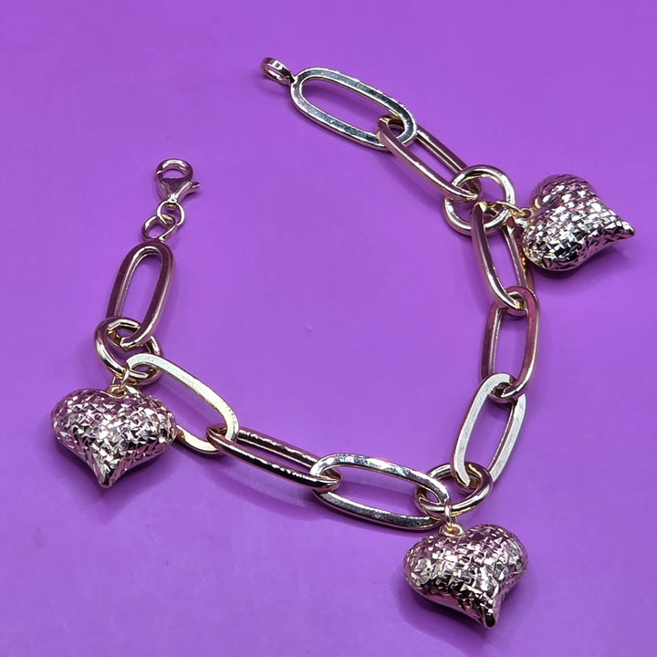 18K Gold Long Link & 3D Hearts Bracelet