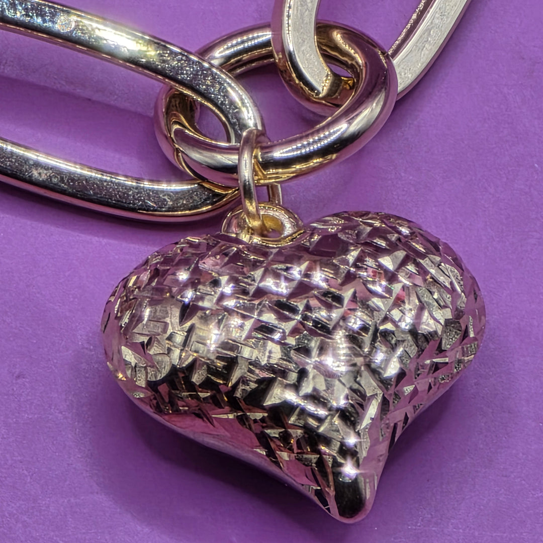 18K Gold Long Link & 3D Hearts Bracelet