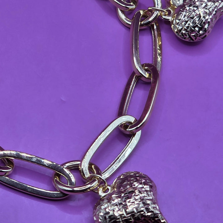 18K Gold Long Link & 3D Hearts Bracelet