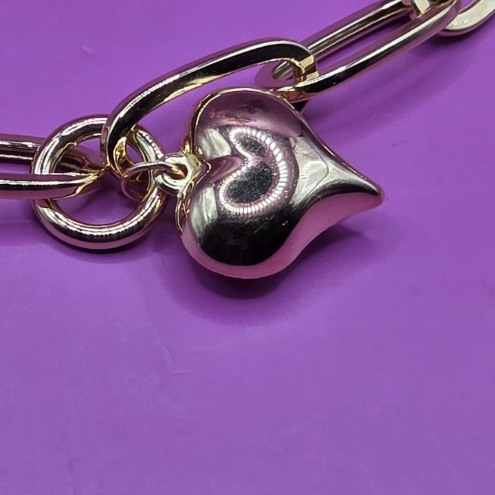 18K Gold Long Link & 3D Hearts Bracelet