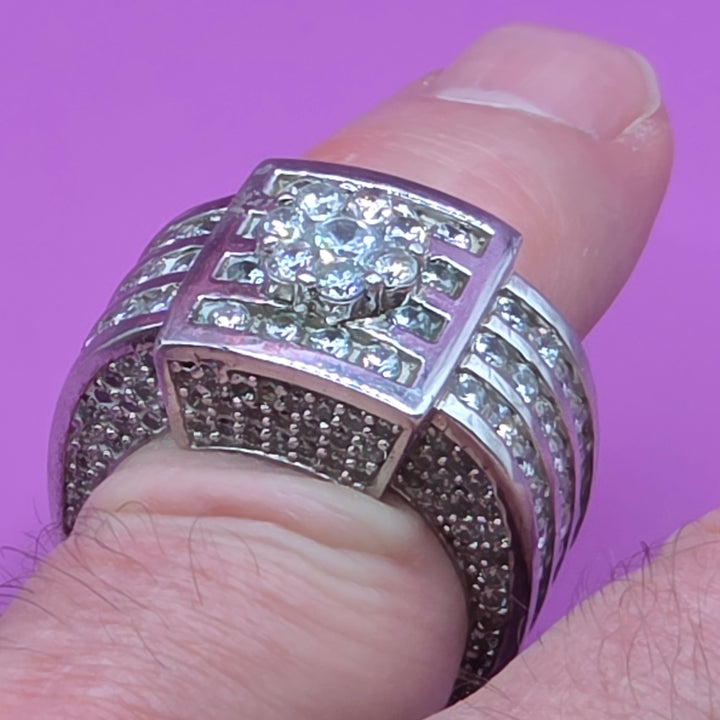 Sterling Silver & CZ Presidential Bling Statement Ring