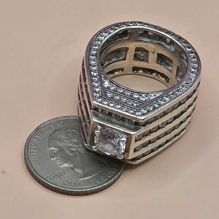 Men's Sterling Silver & CZ Iced Out Tall Gallery Statement Ring