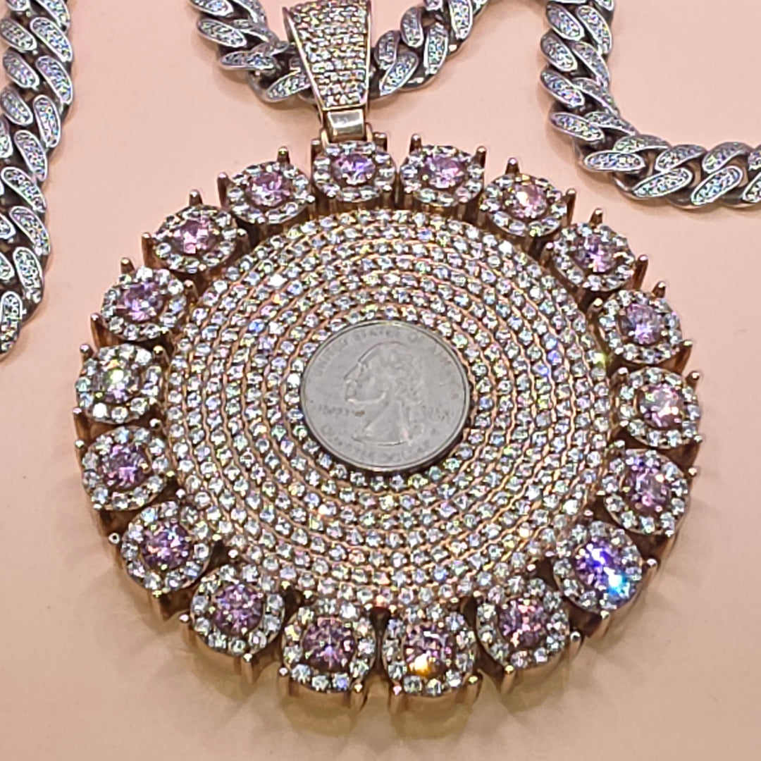 Sterling Silver Ultra Bling Over-Sized Pendant & Cuban Link Necklace