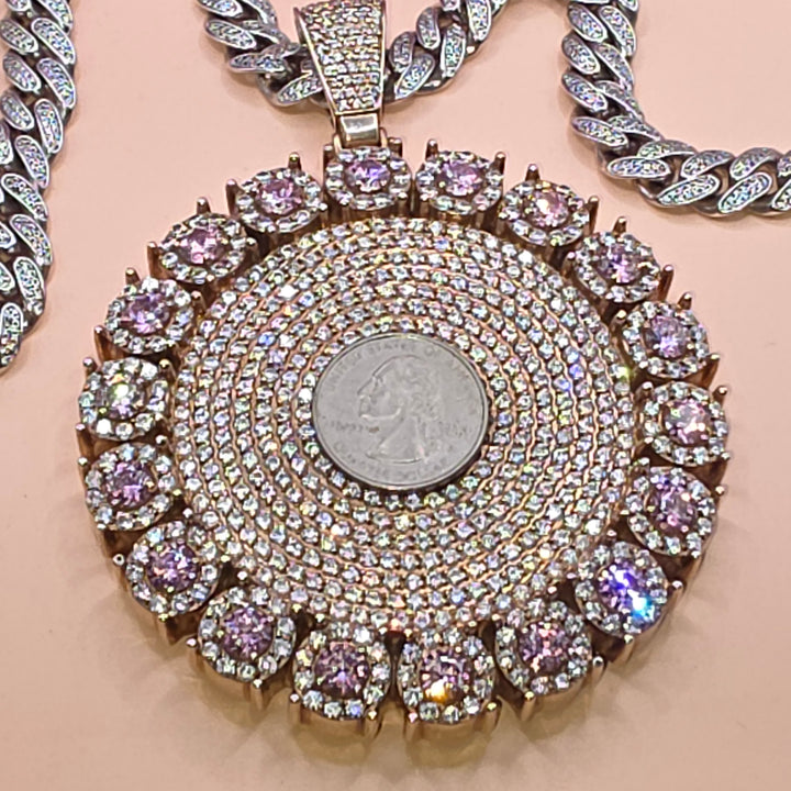 Sterling Silver Ultra Bling Over-Sized Pendant & Cuban Link Necklace