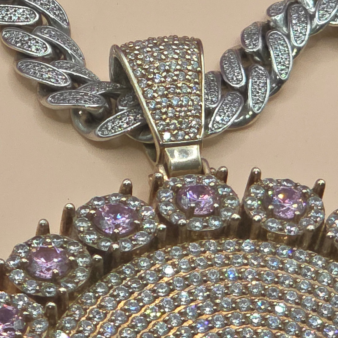 Sterling Silver Ultra Bling Over-Sized Pendant & Cuban Link Necklace