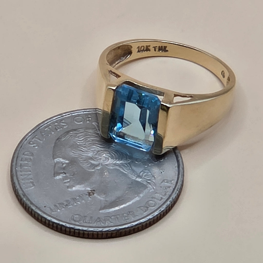 14K Gold, Emerald Cut Blue Topaz Cocktail Ring