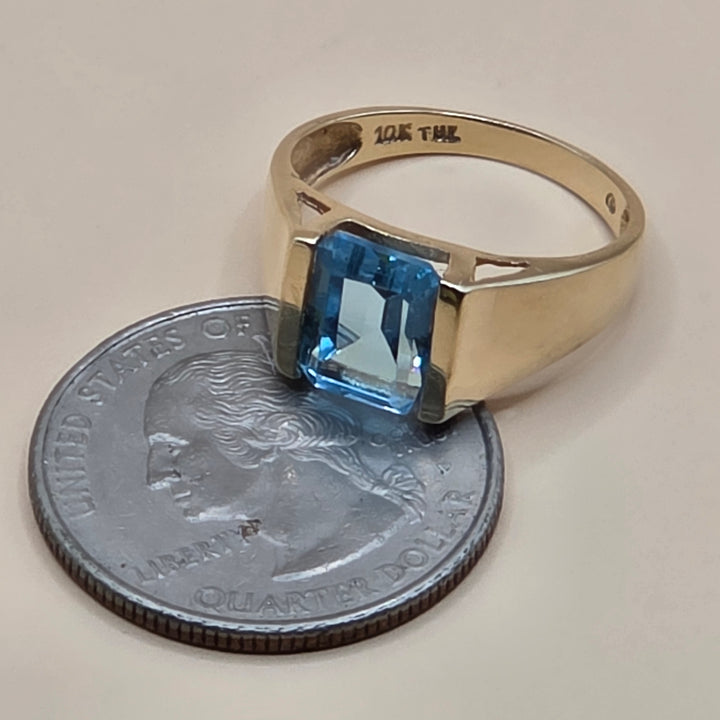 14K Gold, Emerald Cut Blue Topaz Cocktail Ring