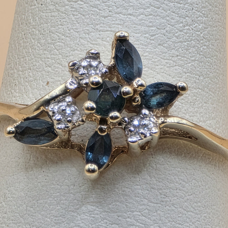 14K Gold, Diamond and Blue Sapphire Elegant Ring